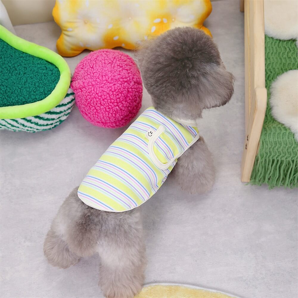 Ropa para mascotas, chaleco de dos patas a rayas con bolsillo a rayas coloridas y cara sonriente, ropa de verano para perros y gatos