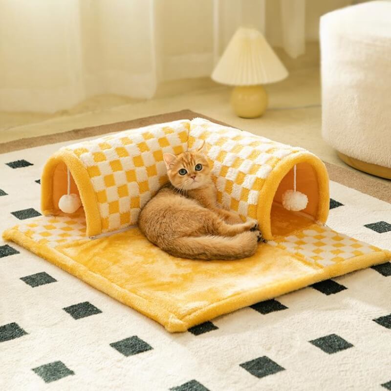 Lit tunnel pour chat à carreaux en peluche drôle 2 en 1