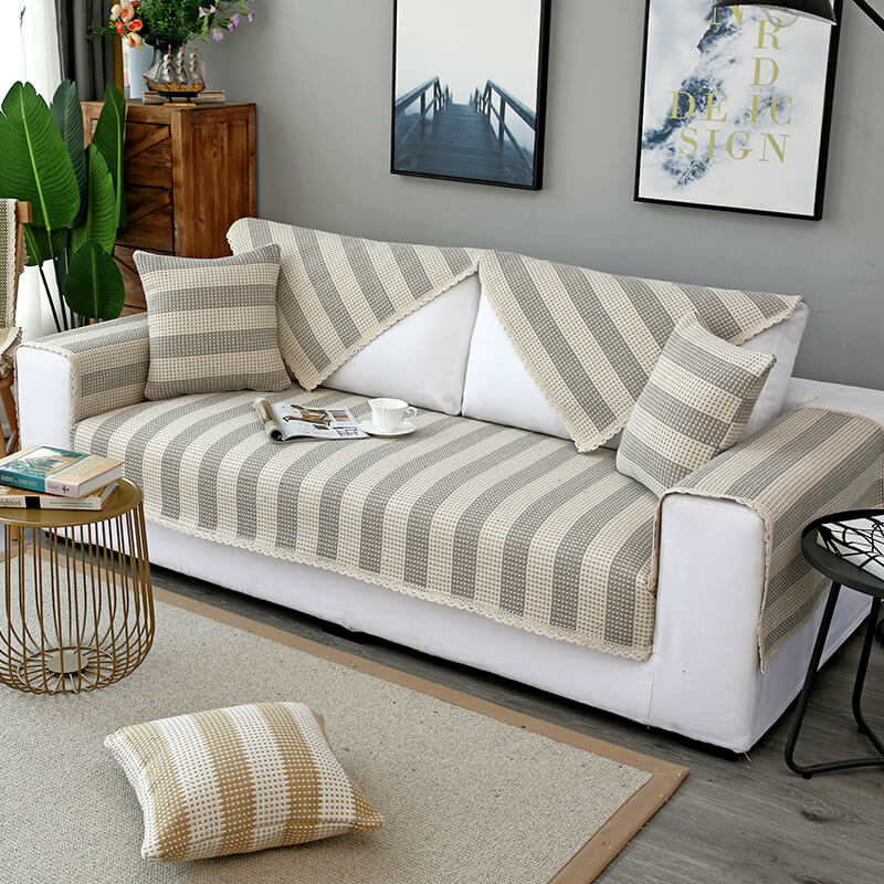 Cotton Linen Stripe Anti-scratch Furniture Protector Couch Cover