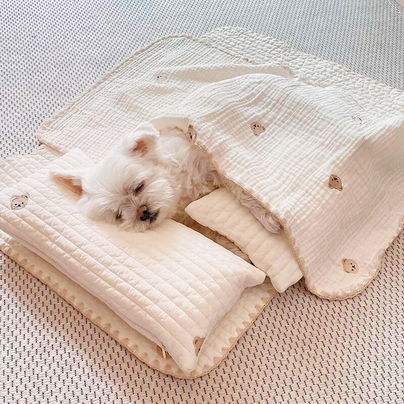 Acogedor juego de cama con edredón y almohada para mascotas de algodón bordado