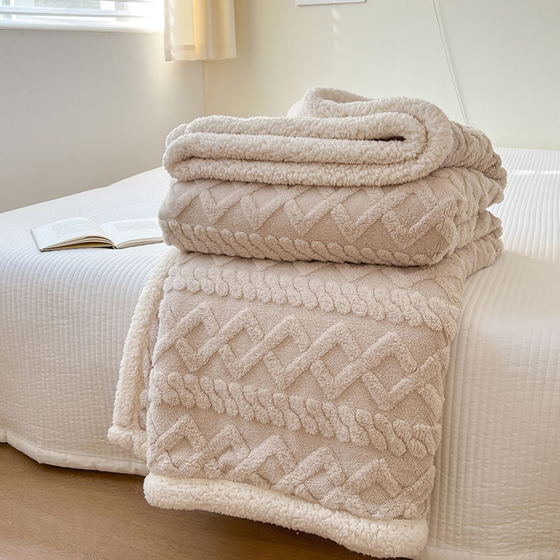 Luxurious Embossed Faux Lambswool Fleece Double-Layer Throw Blanket