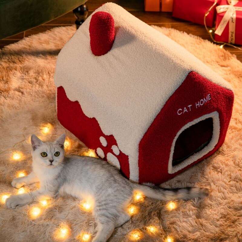 Snowy House Cat Villa Chaleureuse Grotte pour Chats Semi-fermée