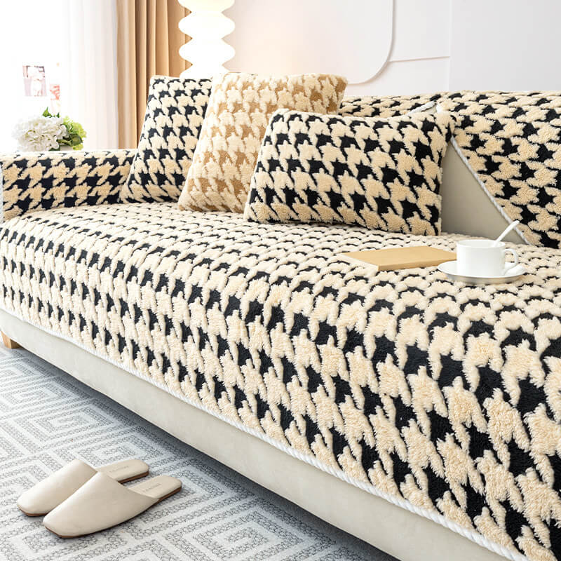 Houndstooth Plush Mat Furniture Protection Anti-Slip Couch Cover